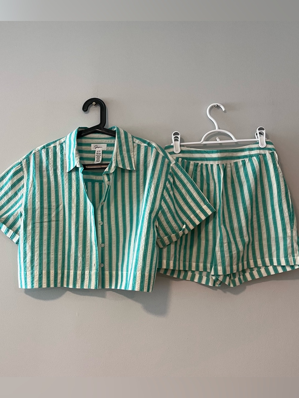 Green & White Striped Shorts Set